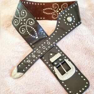 Vintage 80's Western Thick Leather Belt with Rhinestones and Grommets